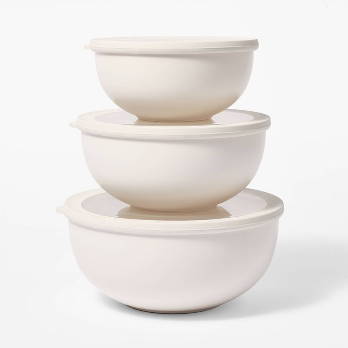 6pc (set of 3) Plastic Mixing Bowl Set with Lids Cream - Figmint