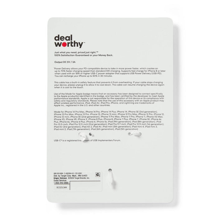 3' Lightning to USB-C Charging Cable - dealworthy White