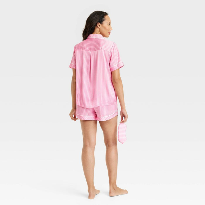 Women's Striped 3pc Satin Short Sleeve Notch Collar Top and Shorts Pajama Set with Eye Mask - Stars Above Rose Pink L