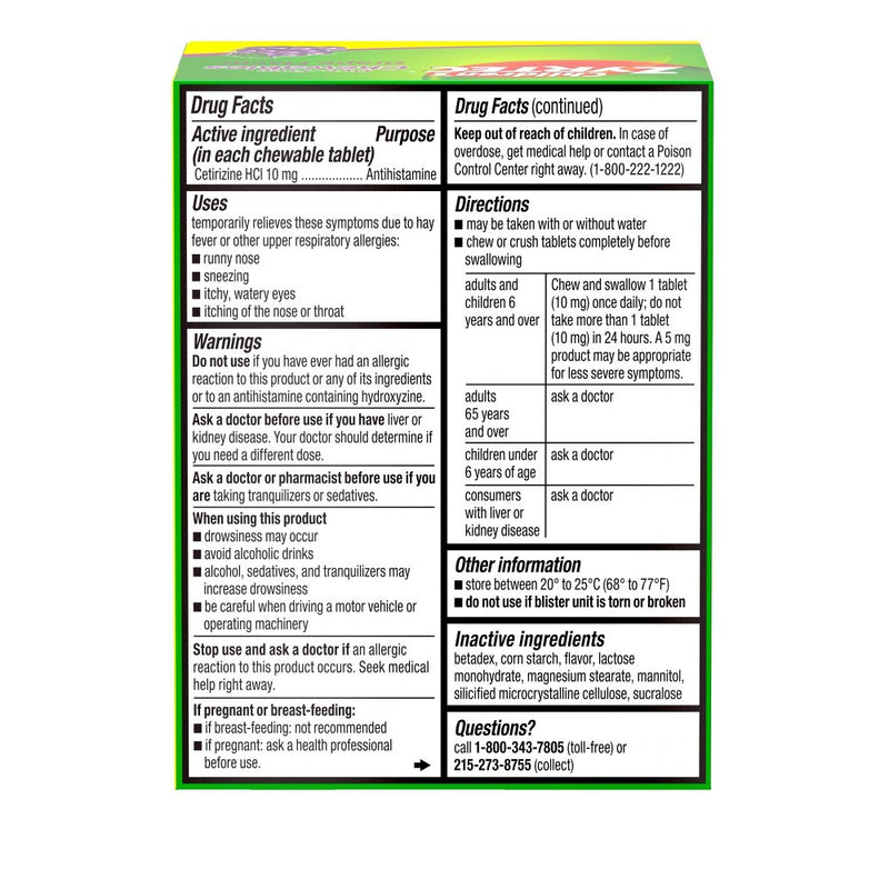 Zyrtec Children's Dye Free Cetirizine 2.5mg Chewables - Grape - 24ct