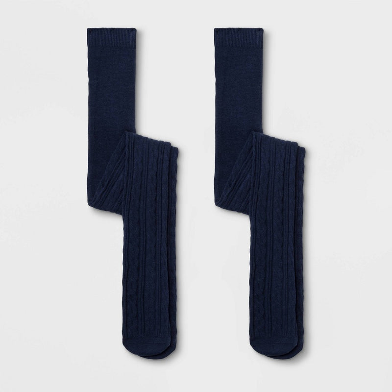 Girls' 2pk Cable Knit Cotton Tights - Cat & Jack Navy Blue S