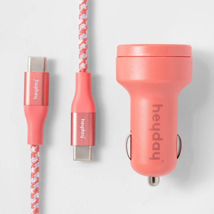 USB Car Charger with 6' USB-C to USB-C Braided Cable - heyday Rose