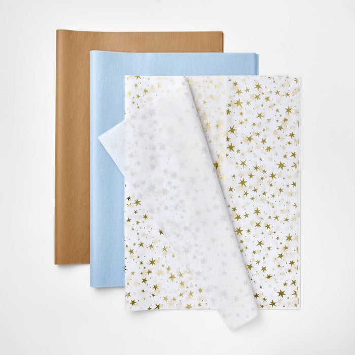20ct Banded Gift Packaging Tissues Gold Foil Star White/Blue/Brown - Spritz