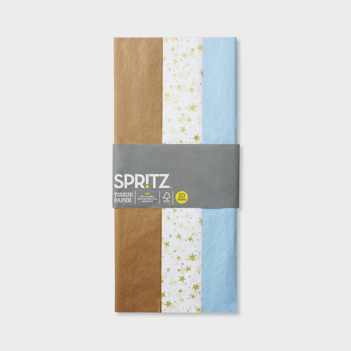 20ct Banded Gift Packaging Tissues Gold Foil Star White/Blue/Brown - Spritz