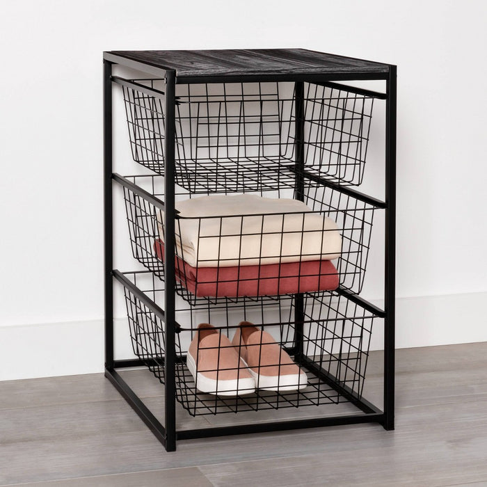 3 Drawer Organizer Black Metal with Black Oak Wood - Brightroom (LOCAL PICKUP ONLY)