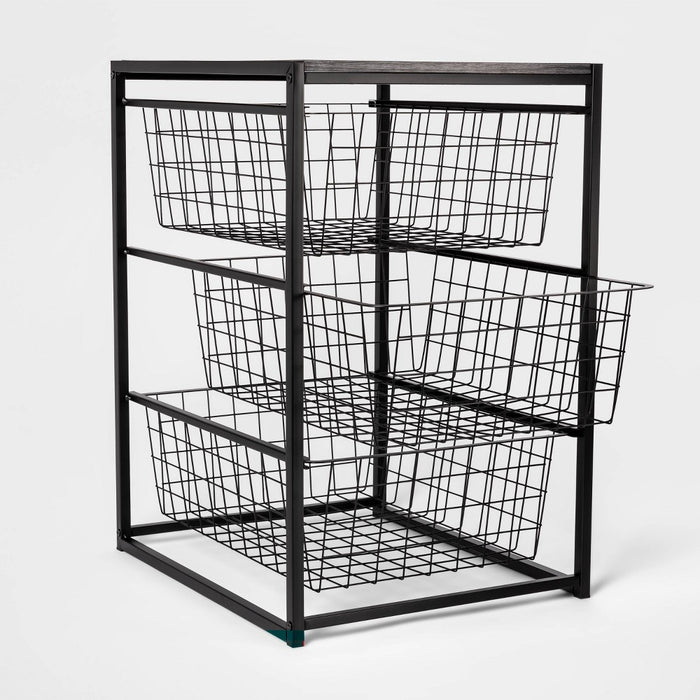 3 Drawer Organizer Black Metal with Black Oak Wood - Brightroom (LOCAL PICKUP ONLY)