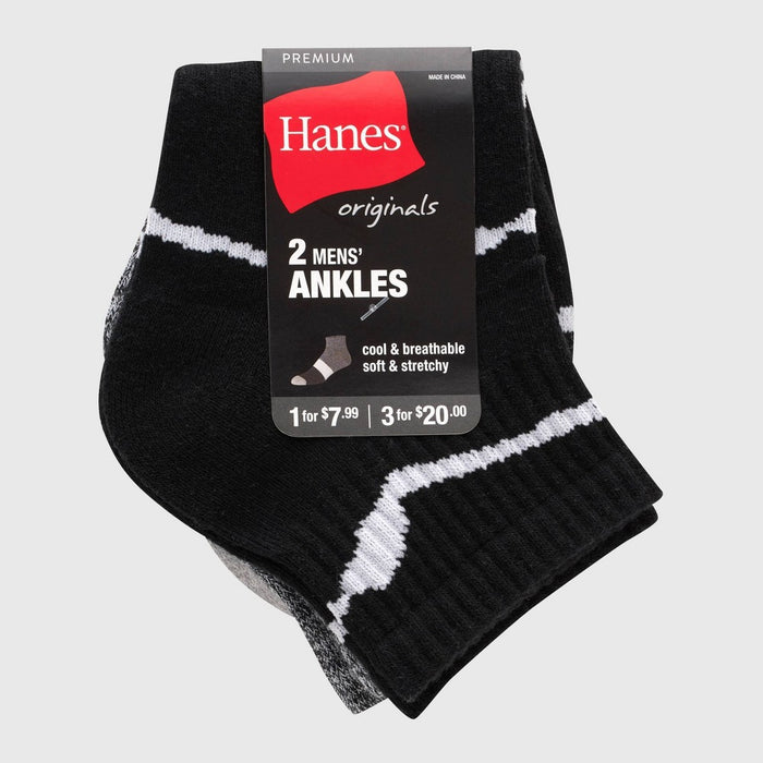 Hanes Originals Premium Men's Ankle Socks 2pk - Black/Gray 6-12