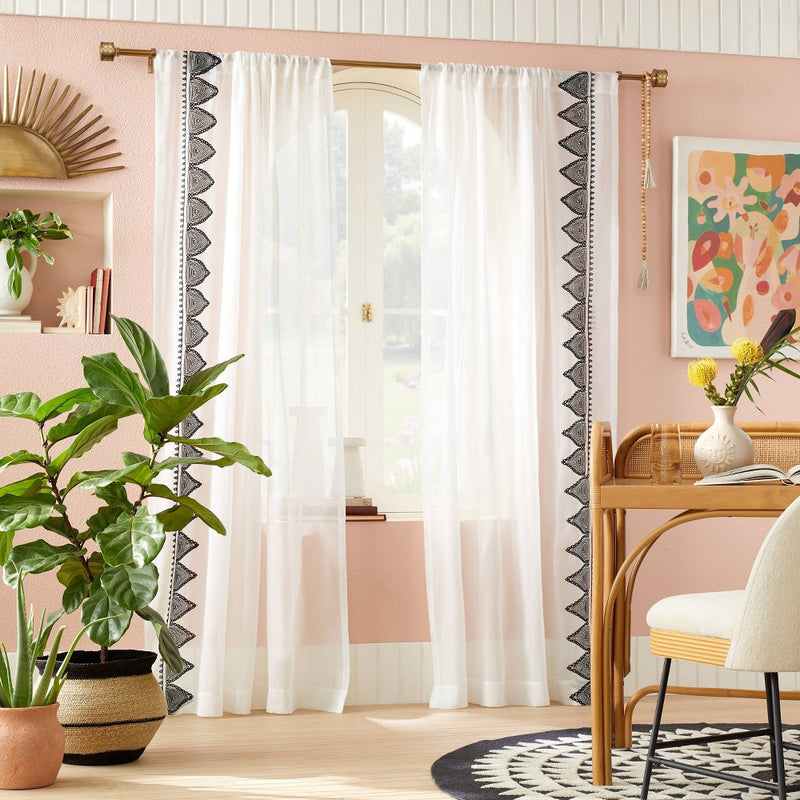 1pc 54"x63" Light Filtering Diamond Border Window Curtain Panel White - Opalhouse designed with Jungalow