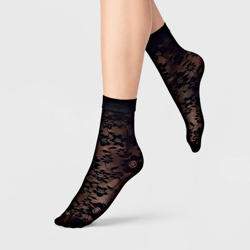 Women's 2pk Floral Sheer Anklet Socks - A New Day Black/White 4-10