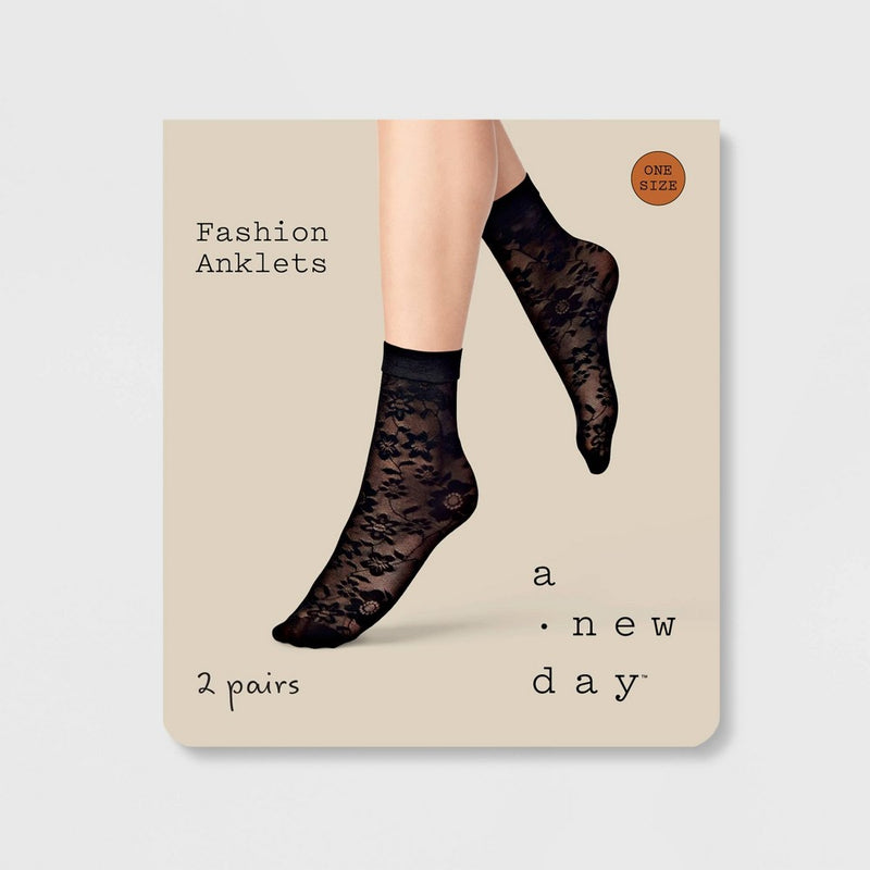 Women's 2pk Floral Sheer Anklet Socks - A New Day Black/White 4-10