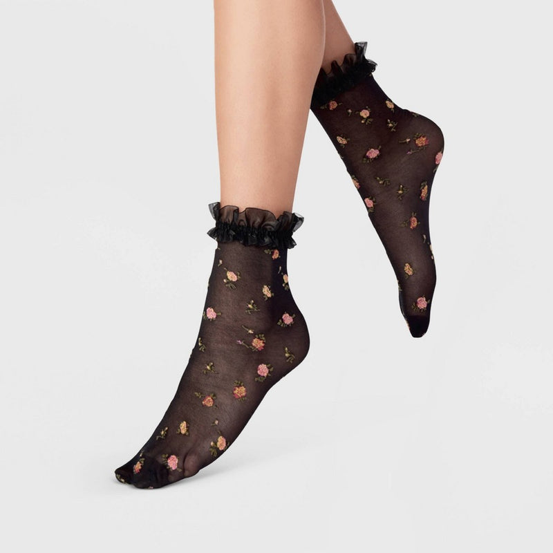 Women's Floral Print Sheer Anklet Socks with Ruffle - A New Day Black/Pink 4-10