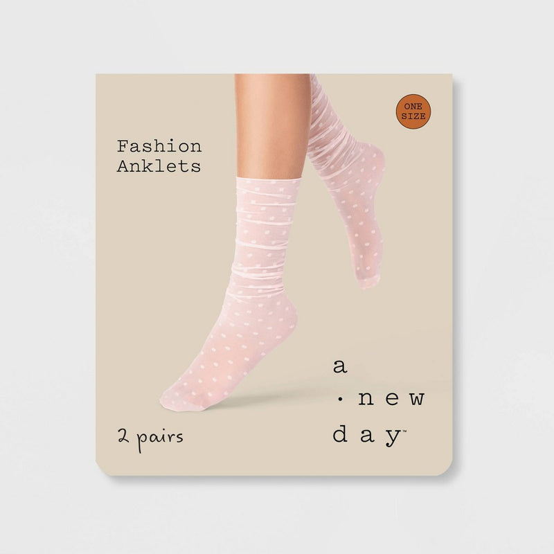 Women's 2pk Basic Sheer & Polka Dot Slouch Anklet Socks - A New Day Black/Pink 4-10