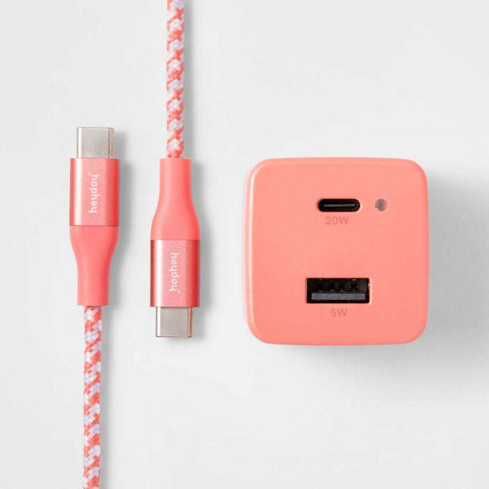 2-Port USB-A USB-C Wall Charger with 6' USB-C to USB-C Braided Cord - heyday Rose
