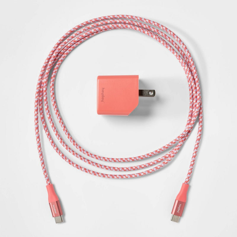 2-Port USB-A USB-C Wall Charger with 6' USB-C to USB-C Braided Cord - heyday Rose