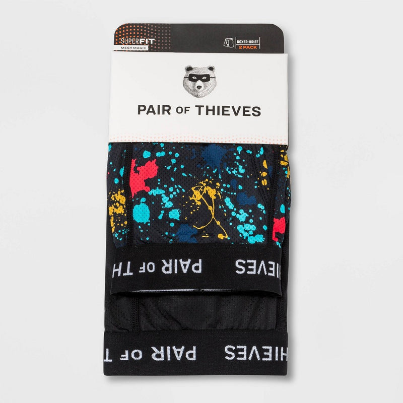 Pair of Thieves Men's Super Fit Paint Splatter Boxer Briefs 2pk - Black/Blue L: Comfort Stretch, Lightweight, Opaque