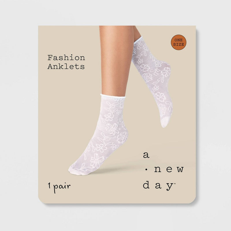 Women's Floral Sheer Anklet Socks with Roll Top - A New Day White 4-10