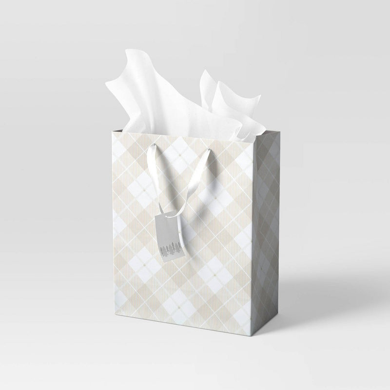 Large Cub Plaid Christmas Gift Bag White - Wondershop