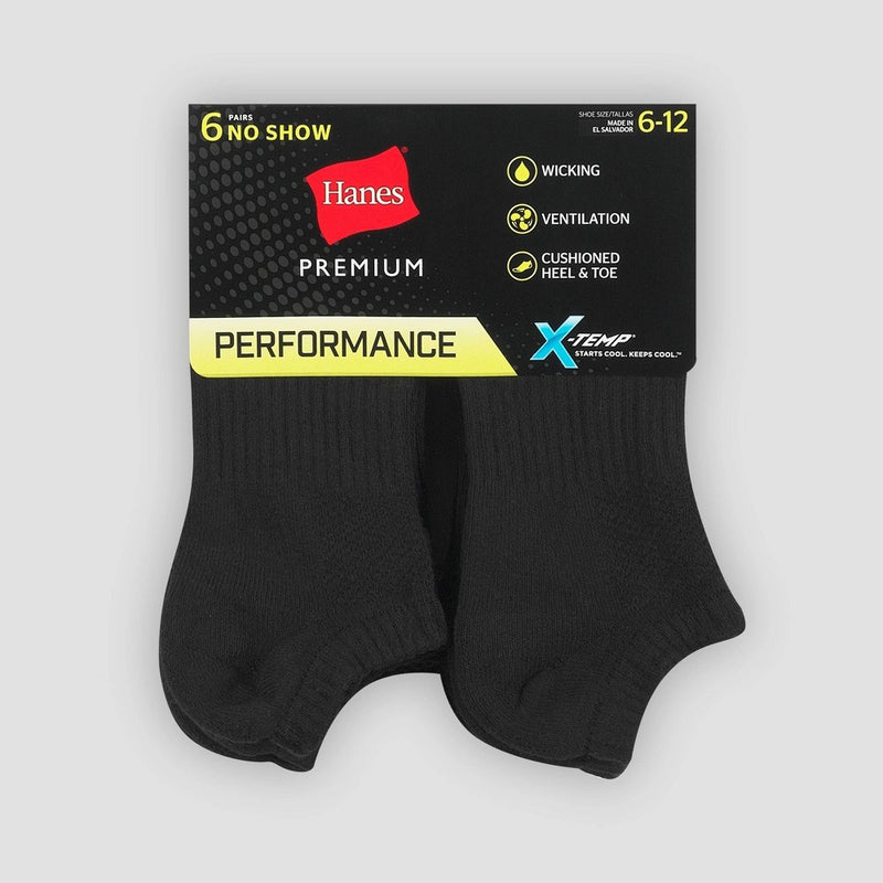 Hanes Premium Men's X-Temp Performance Lightweight No Show Socks 6pk - Black 6-12