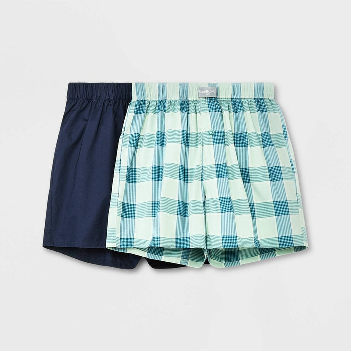 Men's Plaid Woven Boxer 2pk - Goodfellow & Co Green/Blue L