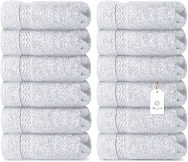 Whiteclassic Luxury Cotton Washcloths - Large Hotel Spa Bathroom Face Towel | 12 Pack | White