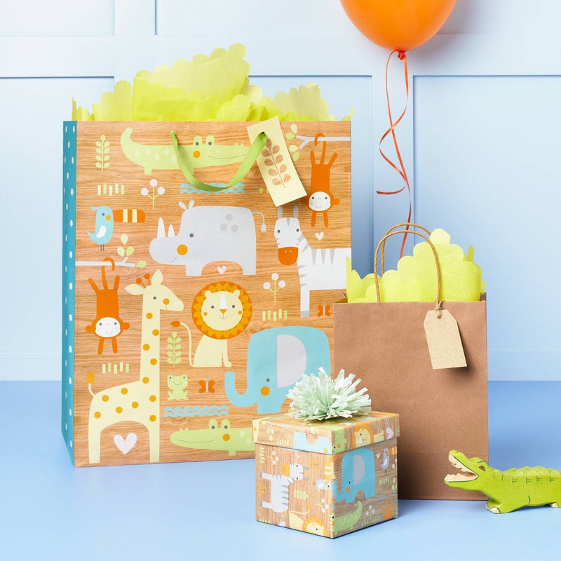 Xlarge Animals on Woodgrain Baby Shower Gift Bag - Spritz