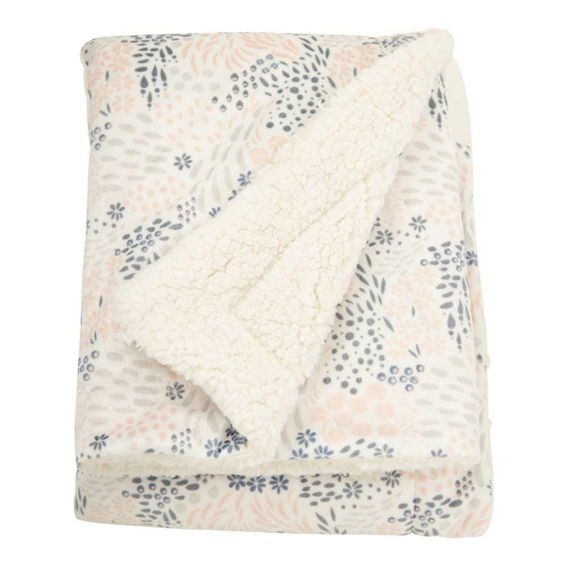 Nicole Miller Abstract Floral Printed Mink/Faux Shearling Throw Blanket - White