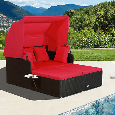 Patio Rattan Daybed Lounge Retractable Top Canopy Side Tables Cushions (LOCAL PICKUP ONLY)