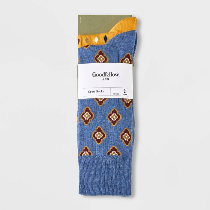 Men's Geo Pattern Novelty Crew Socks 2pk - Goodfellow & Co Blue/Yellow 7-12