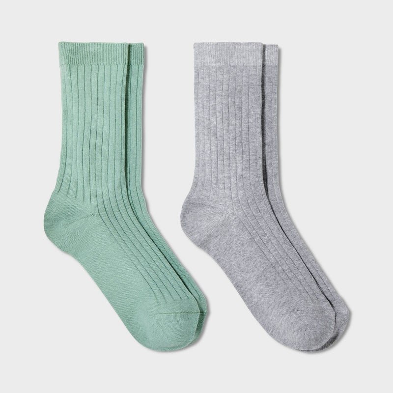 Women's 2pk Flat Knit Wide Ribbed Crew Socks - Green/Heather Gray 4-10