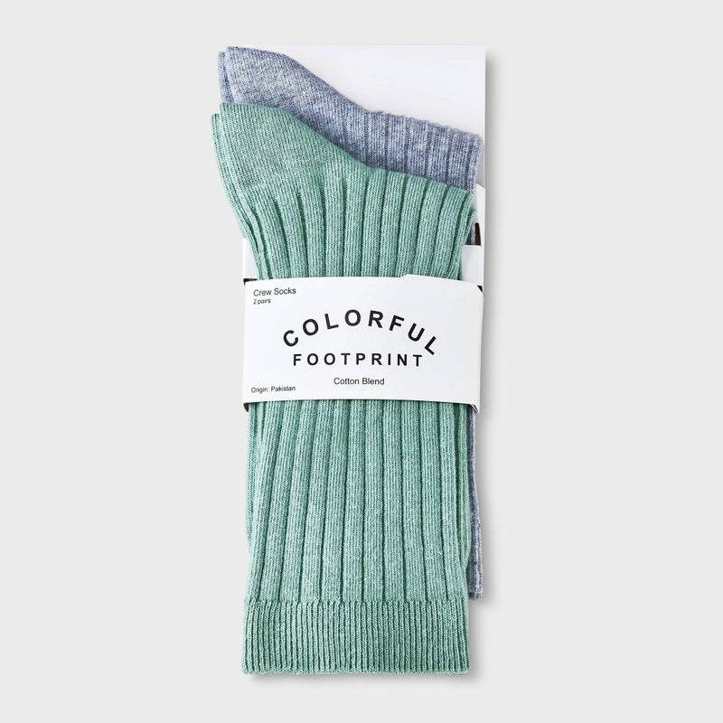 Women's 2pk Flat Knit Wide Ribbed Crew Socks - Green/Heather Gray 4-10