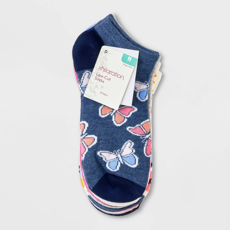 Women's Butterfly Garden 10pk Low Cut Socks - Xhilaration Assorted Colors 4-10