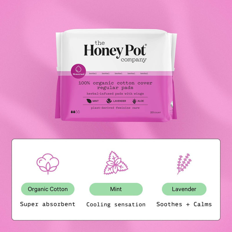 The Honey Pot Company, Herbal Regular Pads with Wings, Organic Cotton Cover - 20ct