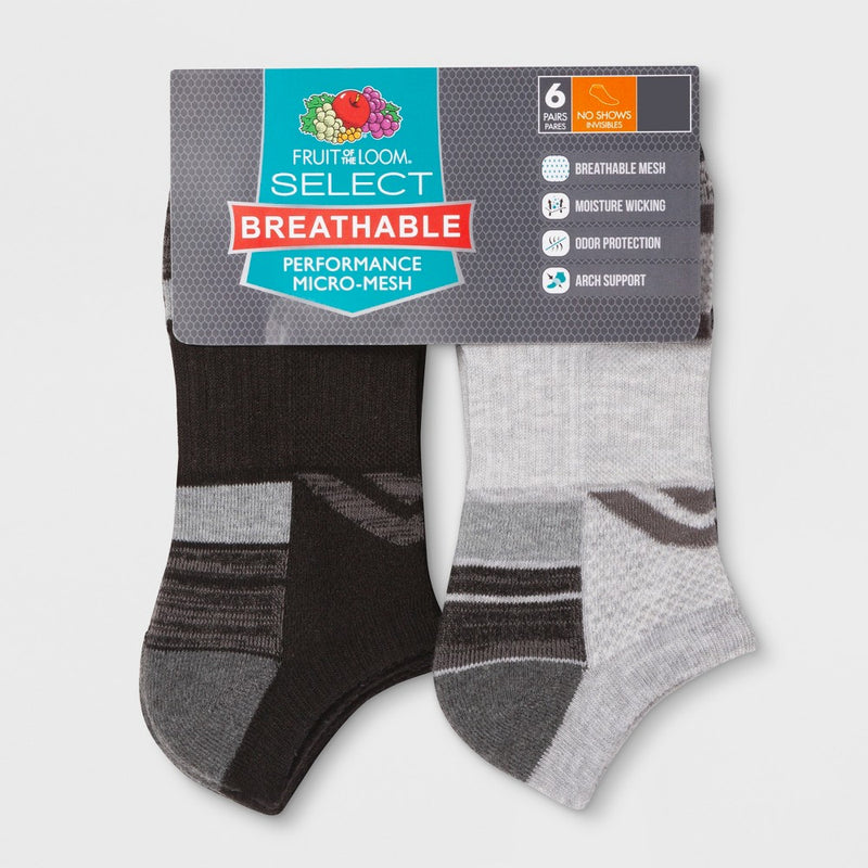 Fruit of the Loom Men's 6pk Breathable Performance No Show Socks - Black 6-12