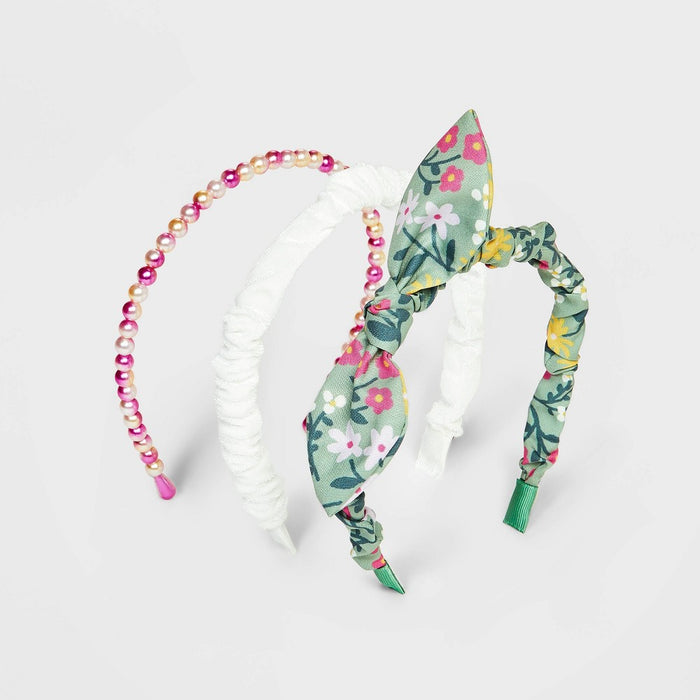 Girls' 3pk Beaded Floral Ruched Headbands - Cat & Jack