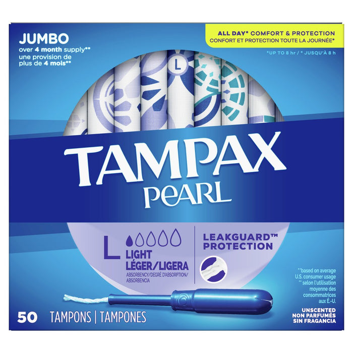 Tampax Pearl Light Absorbency Plastic Applicator and LeakGuard Braid Tampons - Unscented - 50ct