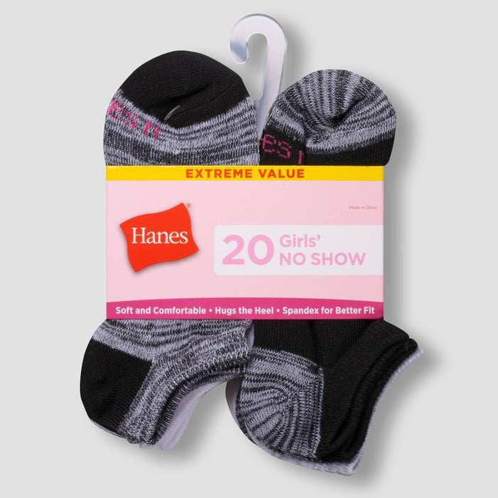 Hanes Girls' 20pk No Show Athletic Socks - Colors May Vary L