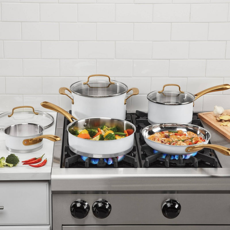 Cuisinart Classic 8pc Stainless Steel Cookware Set with Brushed Gold Handles Matte White (LOCAL PICKUP ONLY)