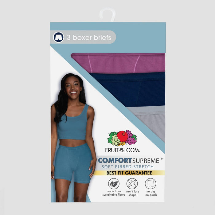 Fruit of the Loom Women's 3pk Comfort Supreme Ribbed Boxer Briefs - Navy Blue/Gray/Magenta 9