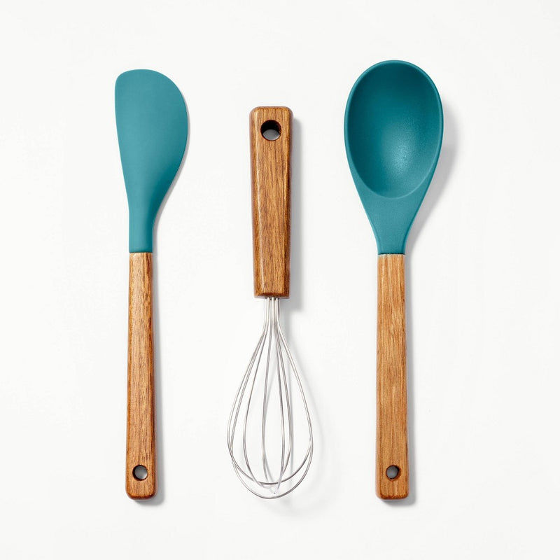 3pc Wood/Silicone Mini Utensil Set Green - Figmint