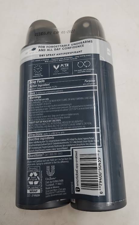 Dove Men+Care 72-Hour Clean Comfort Dry Spray  - 3.8oz/2ct. EXP: 01/27