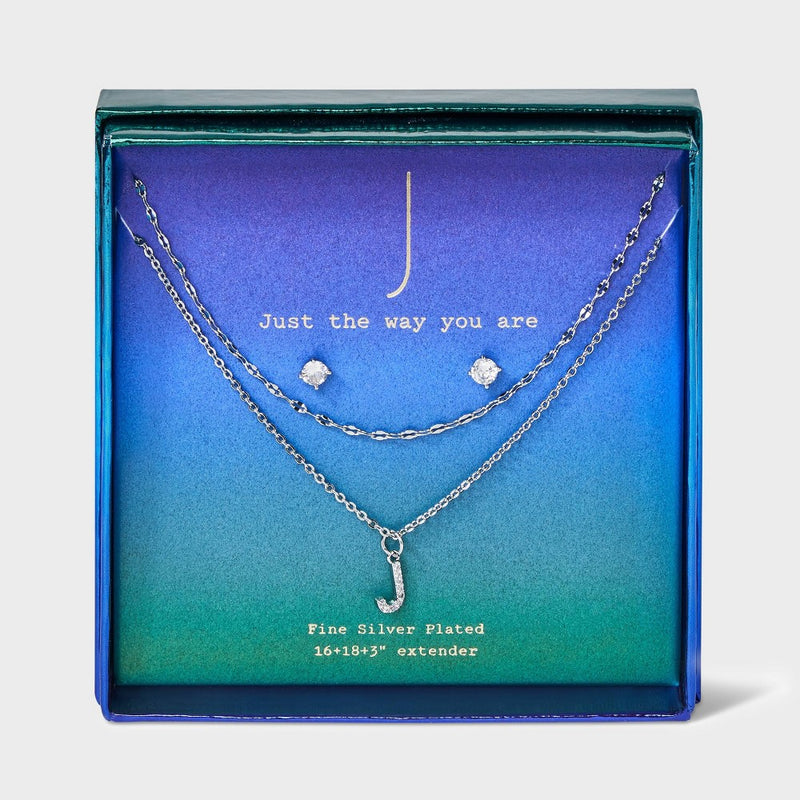 Silver Plated Cubic Zirconia Stud Earring and Initial "J" Multi-Strand Chain Necklace Set 2pc - A New Day Silver