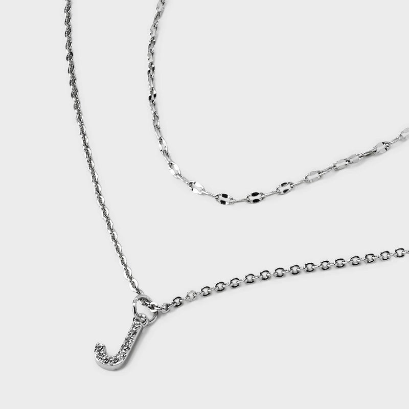 Silver Plated Cubic Zirconia Stud Earring and Initial "J" Multi-Strand Chain Necklace Set 2pc - A New Day Silver