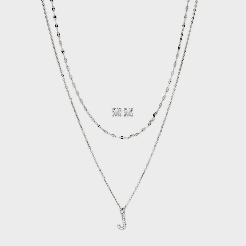 Silver Plated Cubic Zirconia Stud Earring and Initial "J" Multi-Strand Chain Necklace Set 2pc - A New Day Silver