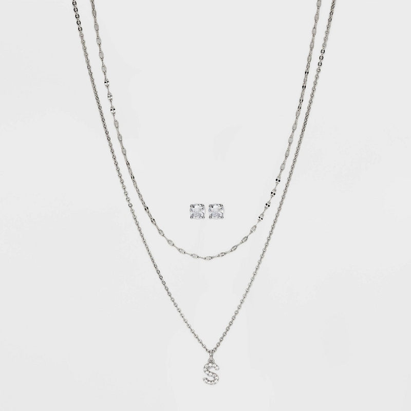 Silver Plated Cubic Zirconia Stud Earring and Initial "S" Multi-Strand Chain Necklace Set 2pc - A New Day Silver