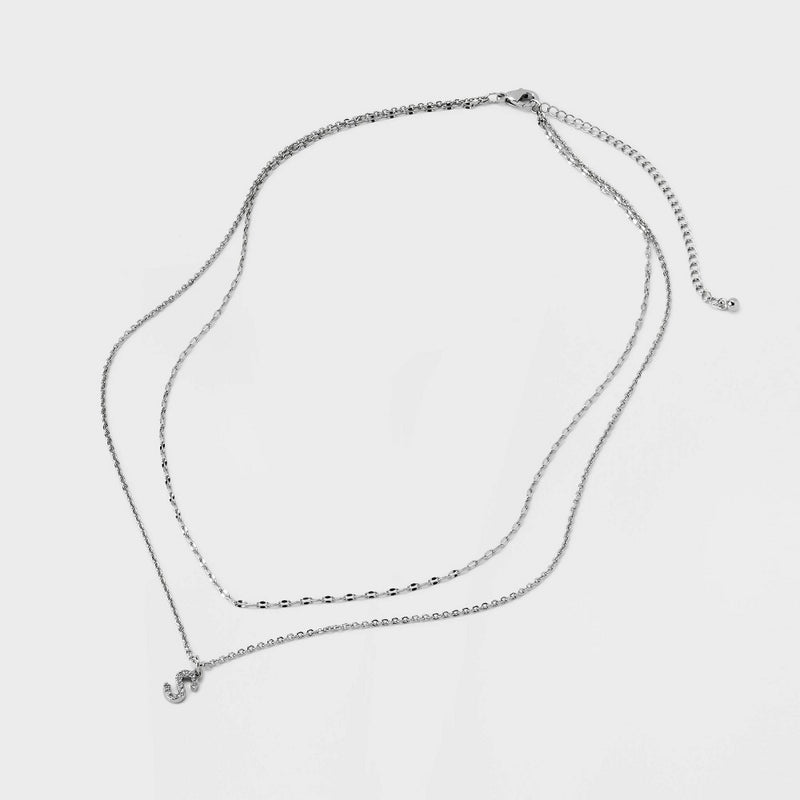 Silver Plated Cubic Zirconia Stud Earring and Initial "S" Multi-Strand Chain Necklace Set 2pc - A New Day Silver