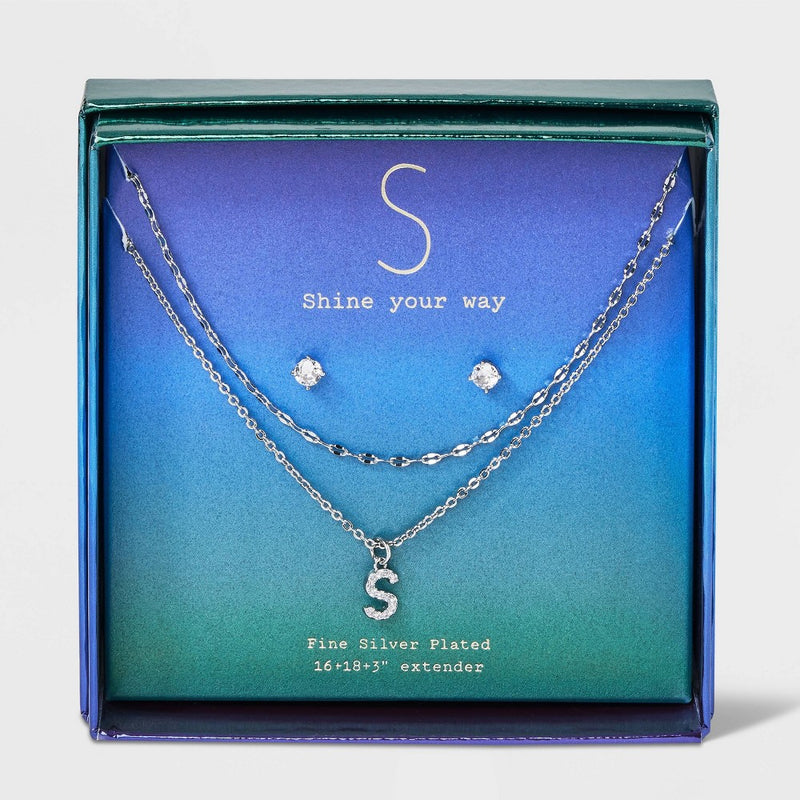 Silver Plated Cubic Zirconia Stud Earring and Initial "S" Multi-Strand Chain Necklace Set 2pc - A New Day Silver