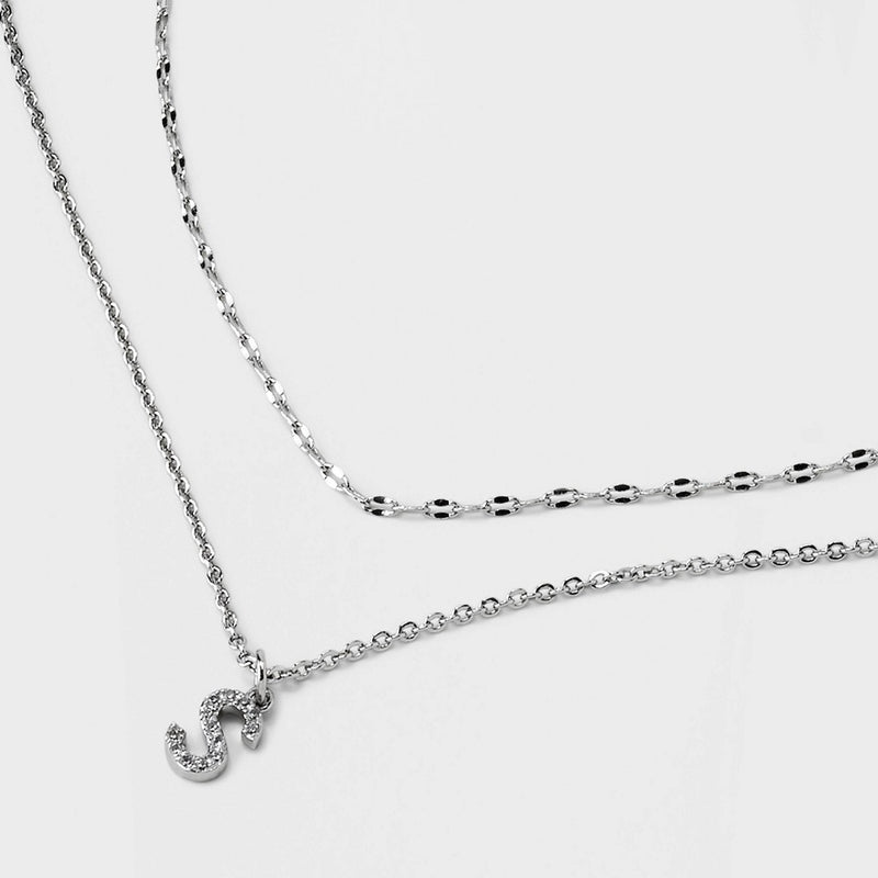 Silver Plated Cubic Zirconia Stud Earring and Initial "S" Multi-Strand Chain Necklace Set 2pc - A New Day Silver