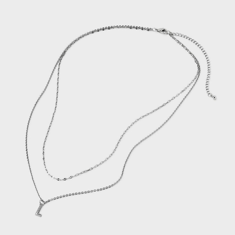 Silver Plated Cubic Zirconia Stud Earring and Initial "L" Multi-Strand Chain Necklace Set 2pc - A New Day Silver