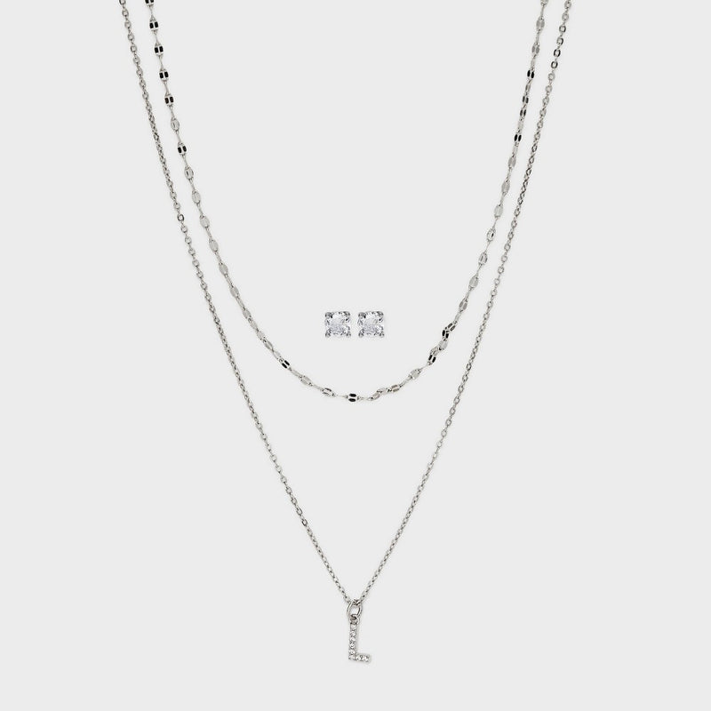 Silver Plated Cubic Zirconia Stud Earring and Initial "L" Multi-Strand Chain Necklace Set 2pc - A New Day Silver