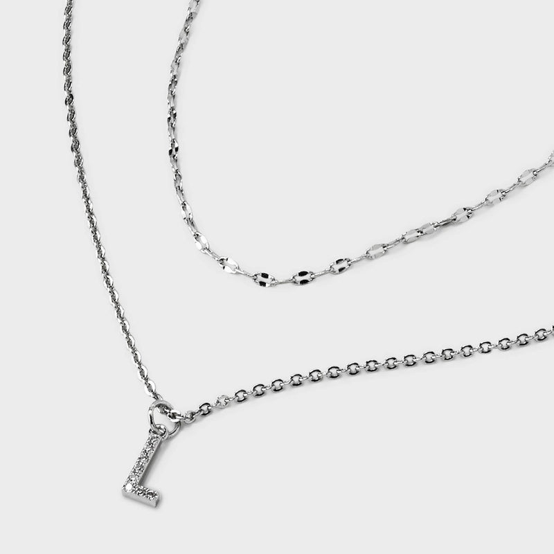 Silver Plated Cubic Zirconia Stud Earring and Initial "L" Multi-Strand Chain Necklace Set 2pc - A New Day Silver